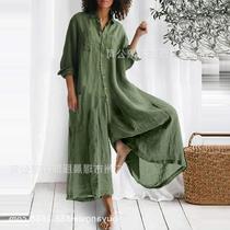 Amazon 2023 summer new cross-border foreign trade fashion womens loose stand-up collar long nine-quarter sleeve jumpsuit batch