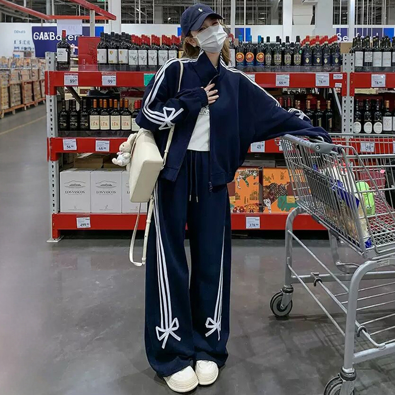 Korean Style Casual Sports Suit for Women in Autumn and Winter, Loose and High-End, Bow-Tie Sweatshirt Jacket, Wide-Leg Pants Two-Piece Set