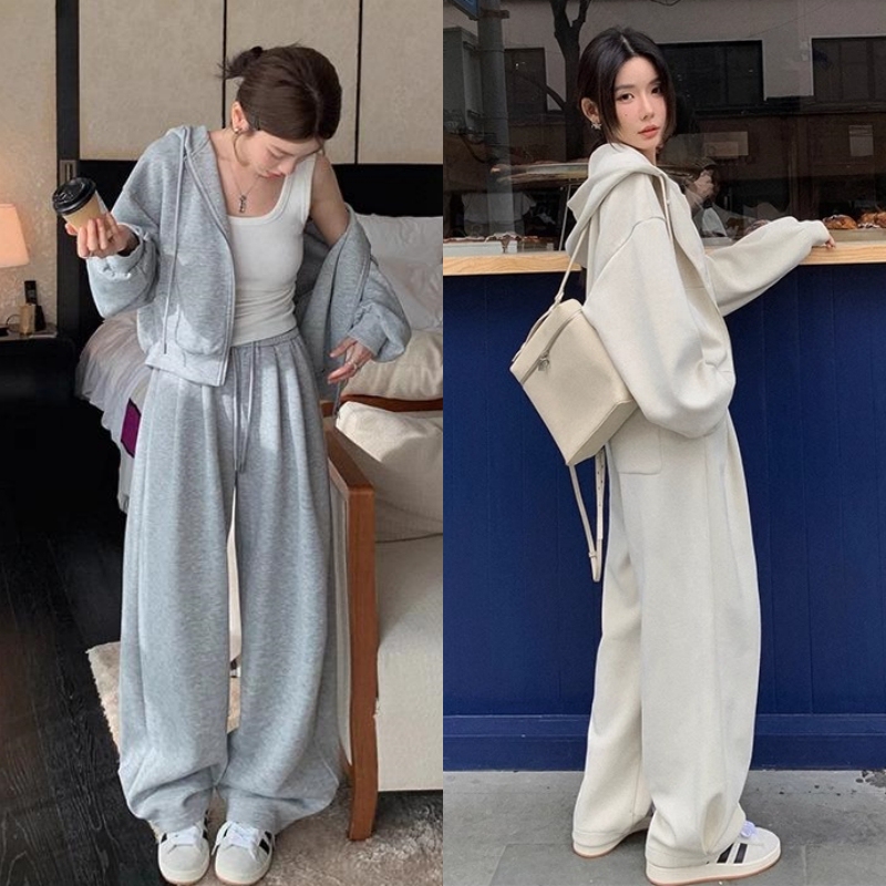 Korean Casual Sports Suit for Women in Autumn and Winter, Loose and High-End, Fashionable Short Jacket, Wide-Leg Pants, Fleece-Lined Two-Piece Set