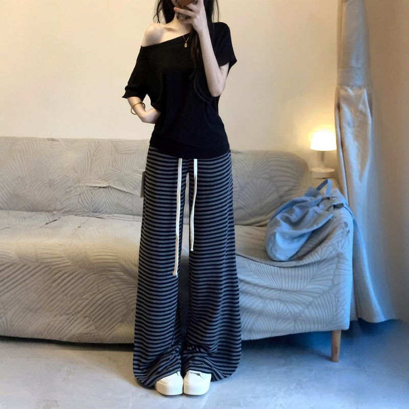 Summer Lazy Style Slimming Casual Sports Suit for Women, Slim Fit One-Shoulder Short-Sleeve Top with Drapey Striped Wide-Leg Pants Two-Piece Set