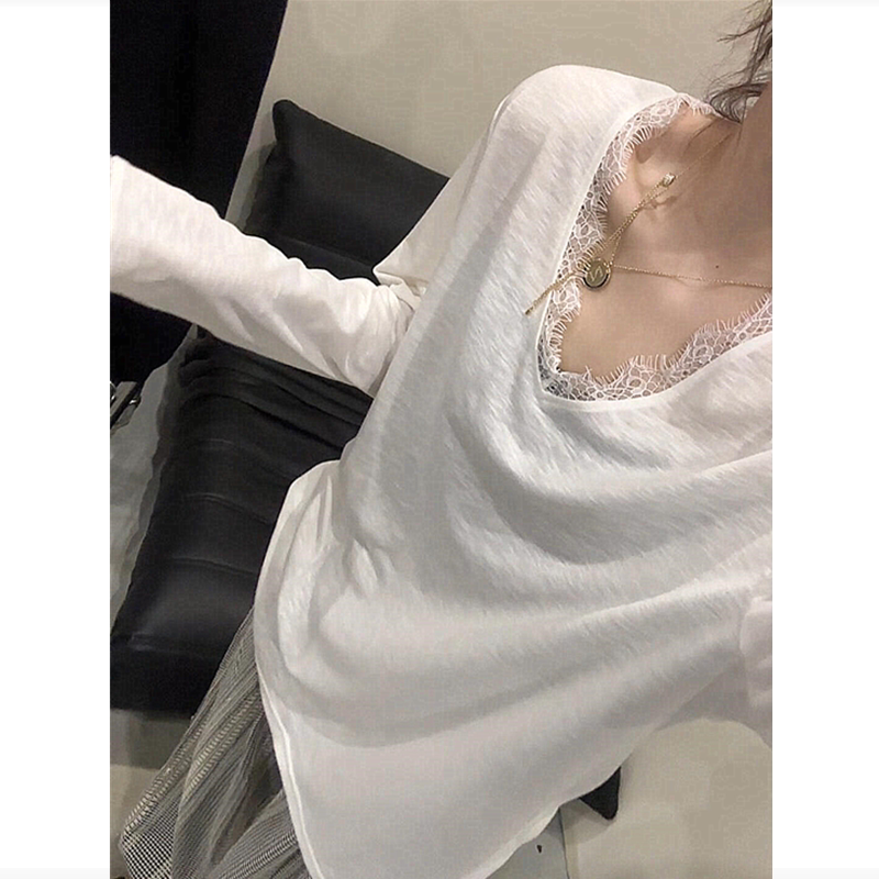 White V-Neck Lace-Trimmed Long-Sleeve T-Shirt for Women, Early Autumn Wear, Relaxed Fit, Loose and Lazy Spring and Autumn Top