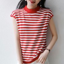 2024 Summer New Pure Cotton Round Neck Striped Shoulder