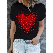 Heart Print T-Shirt For Valentines Day Gifts Crew Neck