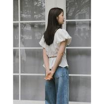 Liuqi simple solid color puff sleeve shirt womens summer new Korean style age-reducing temperament hollow backless top 11385