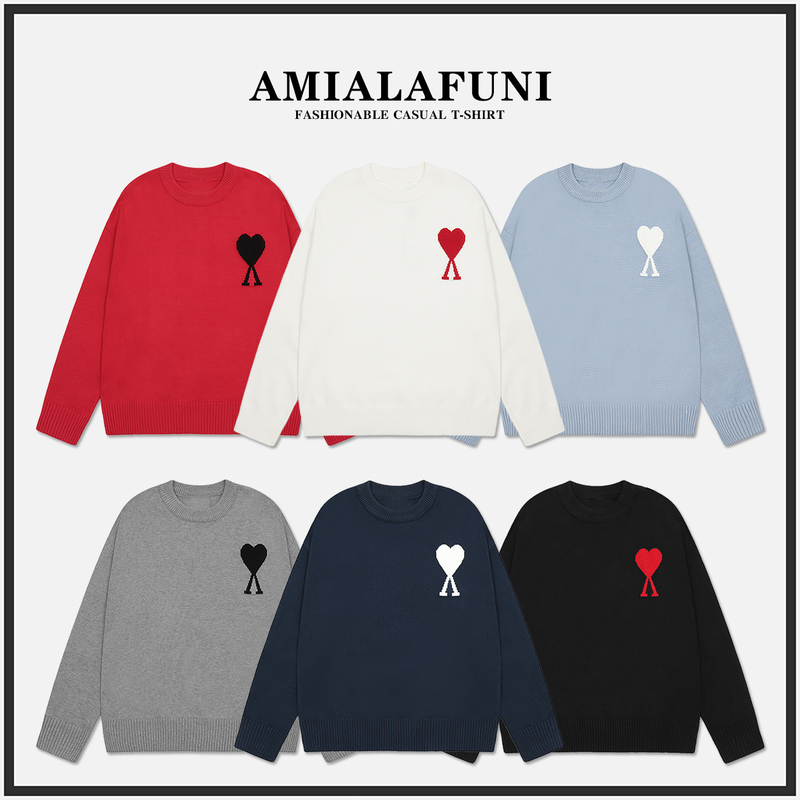 [in Stock for Immediate Delivery] Ami Alafuni Sweater Autumn and Winter Classic Style Love Heart Embroidered Knitwear Top for Men and Women