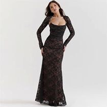 Black Lace Prom Dress 2 Pieces Set Sexy Srap Party Evening D
