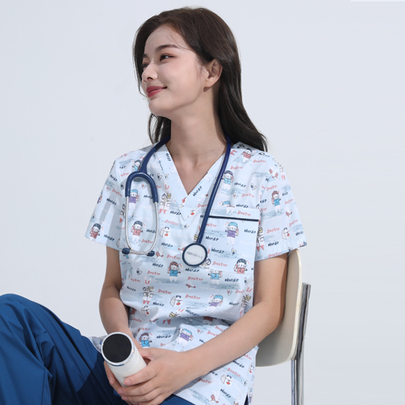 Short-Sleeved and Long-Sleeved Printed Floral Scrub Suits for Women, Pet Dental and Pediatric Uniforms, Nurse and Doctor Workwear