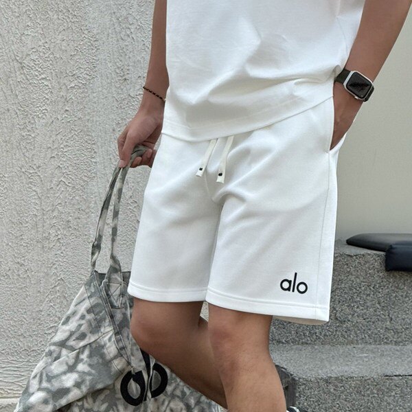 Alo Yoga Versatile Pure Cotton White Five-Point Shorts for Men, Casual Loose Thin Mid-Length Shorts for Summer