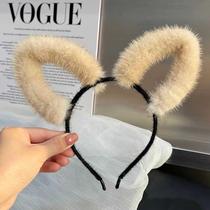 Cute face-washing real mink fur rabbit ears headband womens headband headband internet celebrity plush high-end hairpin headwear