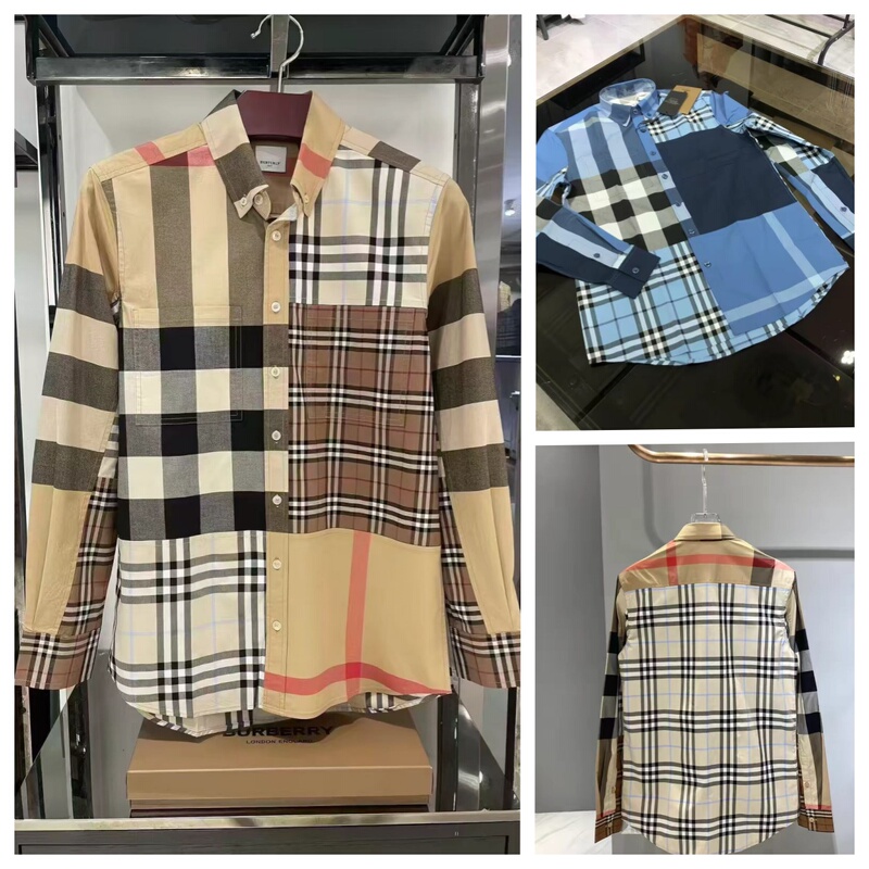 Burberry New Plaid Patchwork Color-Blocking Long-Sleeve Shirt Unisex Jacket Burberry New Plaid Patchwork Color-Blocking Long-Sleeve Shirt Unisex Jacket