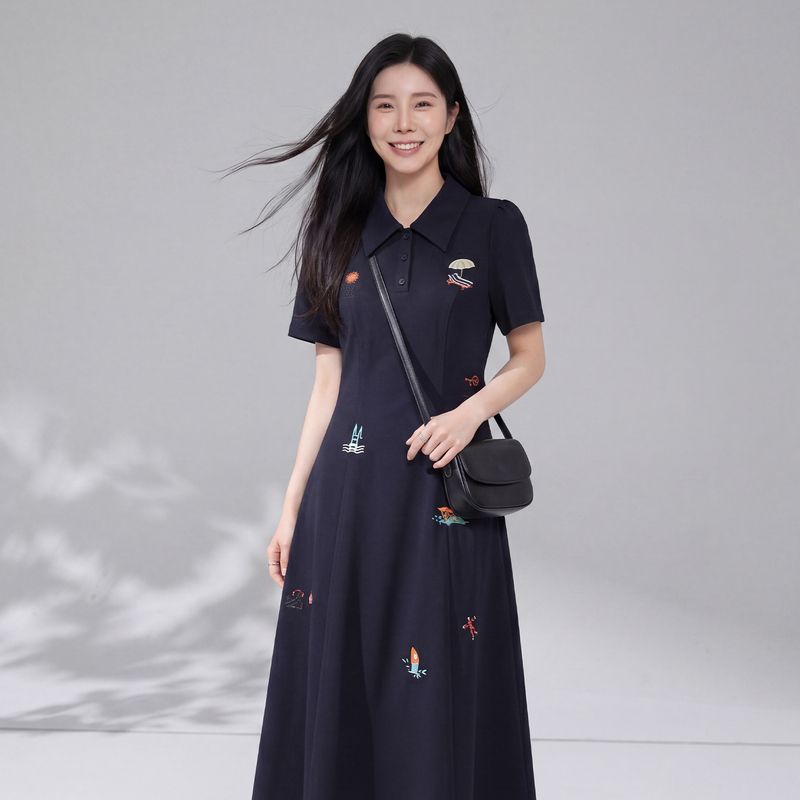 Wujijia Plus-Size Women's Navy Blue Dress 2026 Summer New Fashion Elegant Waist-Slimming Dress