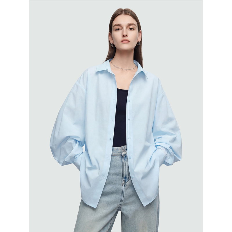 Sue.M Anti-Wrinkle Blue Shirt 26 Spring New Style Lamb Leg Sleeves Sun Protection Loose Lazy Style Long-Sleeved Shirt Top for Women