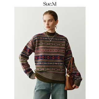 Sue.M 定制14种纱100%羊毛圆领费尔岛套头毛衣25秋重工提花针织衫