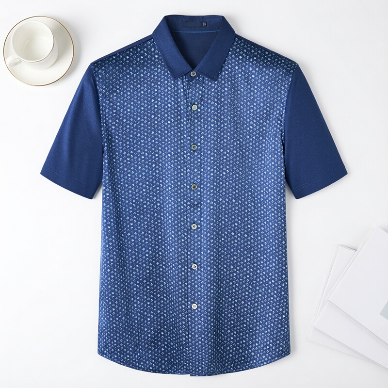 [89.8% Mulberry Silk/Shell Button] Summer Casual Short-Sleeve Knitted Shirt, Smooth Silk Shirt