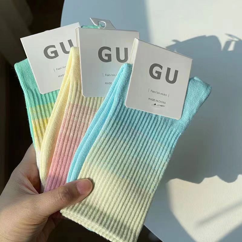Gradient Color Socks, Solid Color Korean Style Women's Mid-Calf Socks, Trendy Four-Season Autumn and Winter New Sports Socks for Women, Simple Style