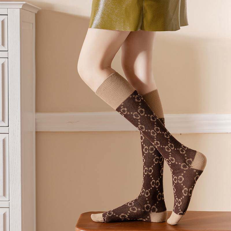 Cool Style Calf Socks in Coffee Color, Trendy Long Socks from Xiaohongshu, Popular All-Season Knee-High Socks for Women