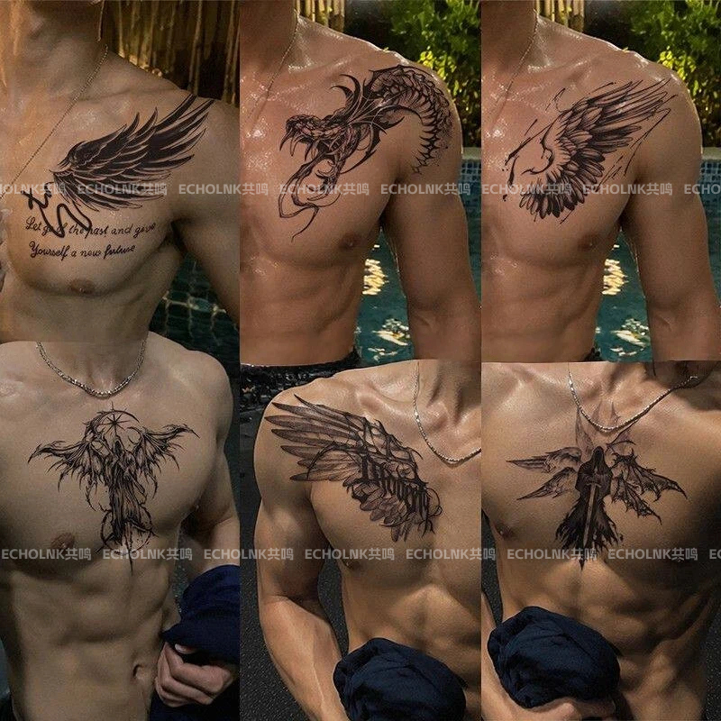Dark Style Men's Chest and Shoulder Herbal Tattoo Stickers with Wings, Snake, and Grim Reaper Designs, Waterproof, Long-Lasting, Trendy, Cool, Unique, and Bold Realistic Tattoos Dark Style Men's Chest and Shoulder Herbal Tattoo Stickers with Wings, Snake, and Grim Reaper Designs, Waterproof, Long-Lasting, Trendy, Cool, Unique, and Bold Realistic Tattoos