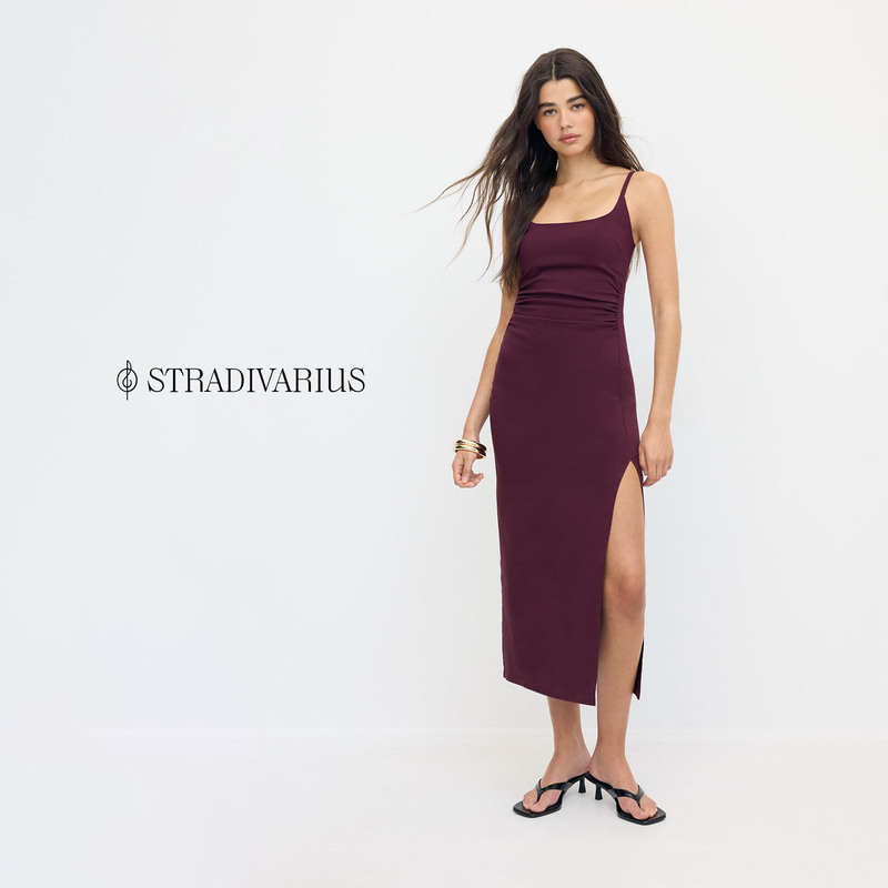 Direct Shipping Purchase Stradivarius Square-Neck Solid Color Spaghetti Strap Dress with Slit, Elegant Slim-Fit Simple Long Dress