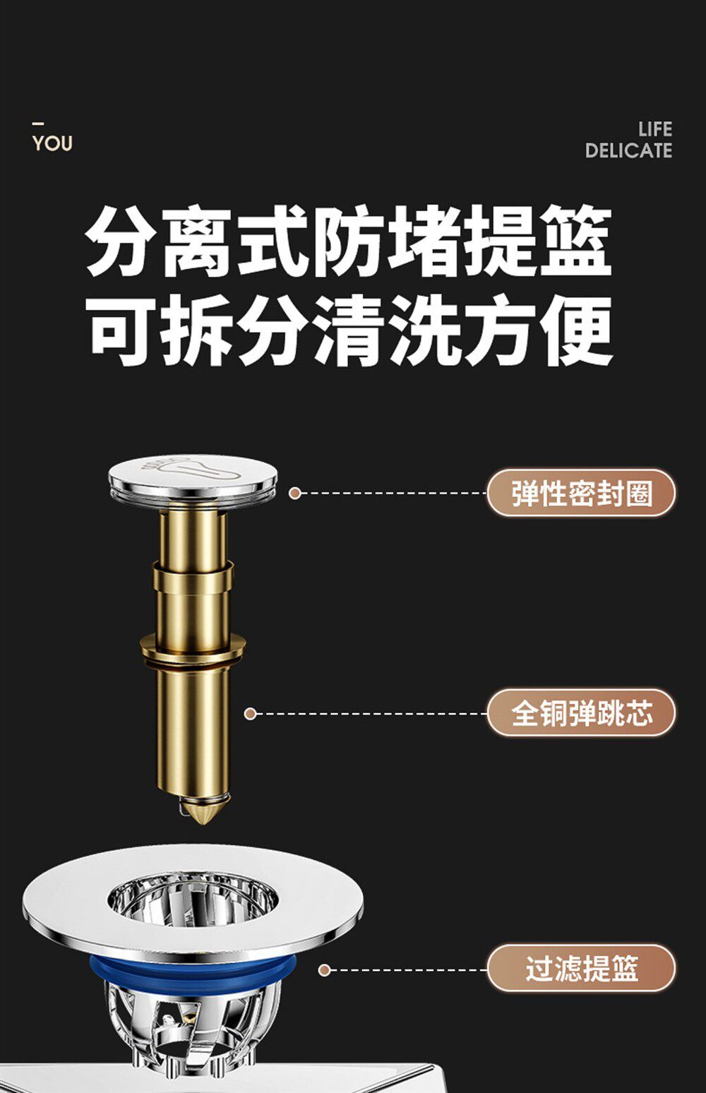 Трапных аксессуары 【下单立减30】卫生间弹跳地漏芯通用浴室下水道防溢水防臭防堵tq