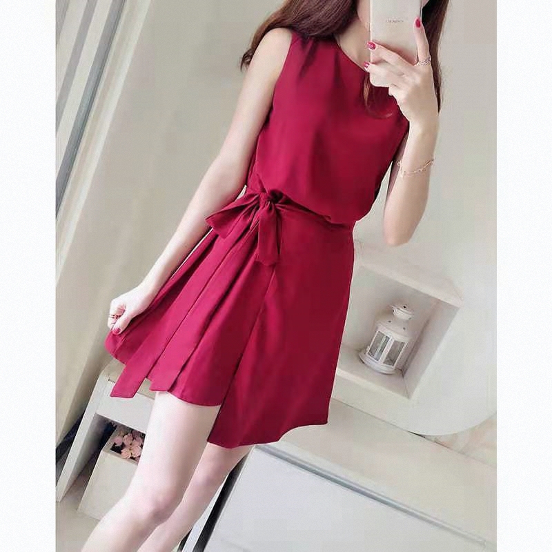 Sleeveless Tie-Up Chiffon High-Waisted Korean Style Dress for Women 2026 Summer New Irregular Elegant Short Dress for Women