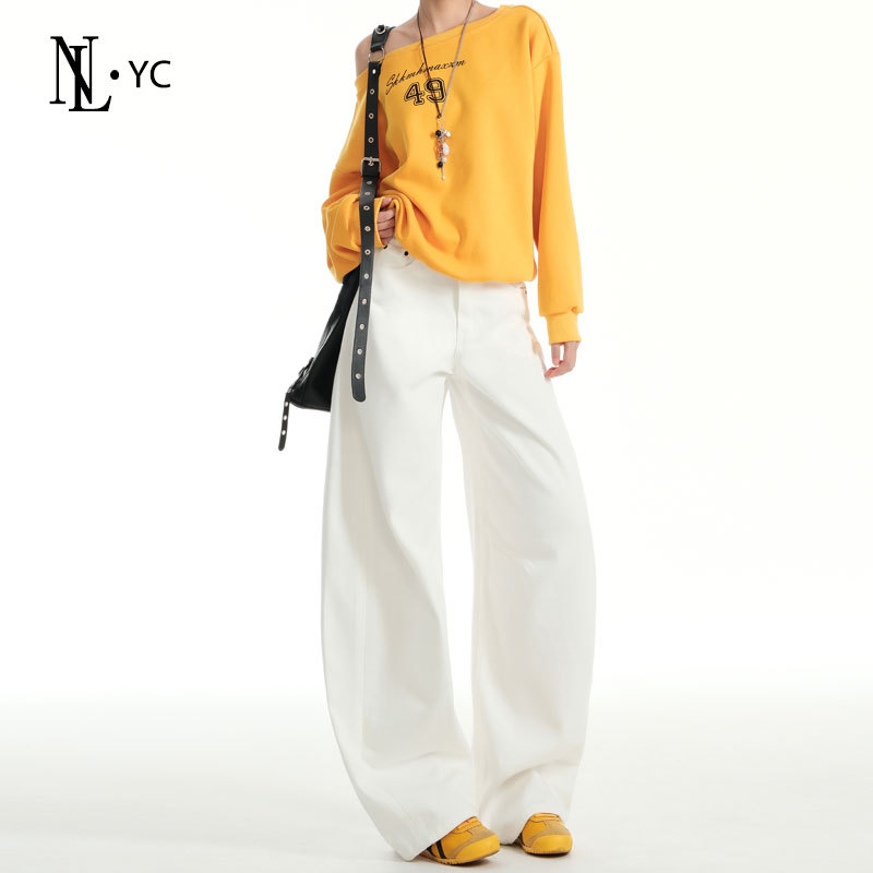 American-Style White Wide-Leg Scimitar Jeans for Women, 2026 Summer New High-Waisted, Hip-Covering, Slimming, Versatile Banana Pants
