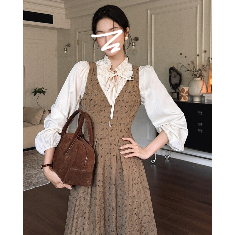 Unique Rich Girl Style Shirt Dress for Women, Autumn and Winter 2026 Outfit, Floral Vest Long Skirt Set