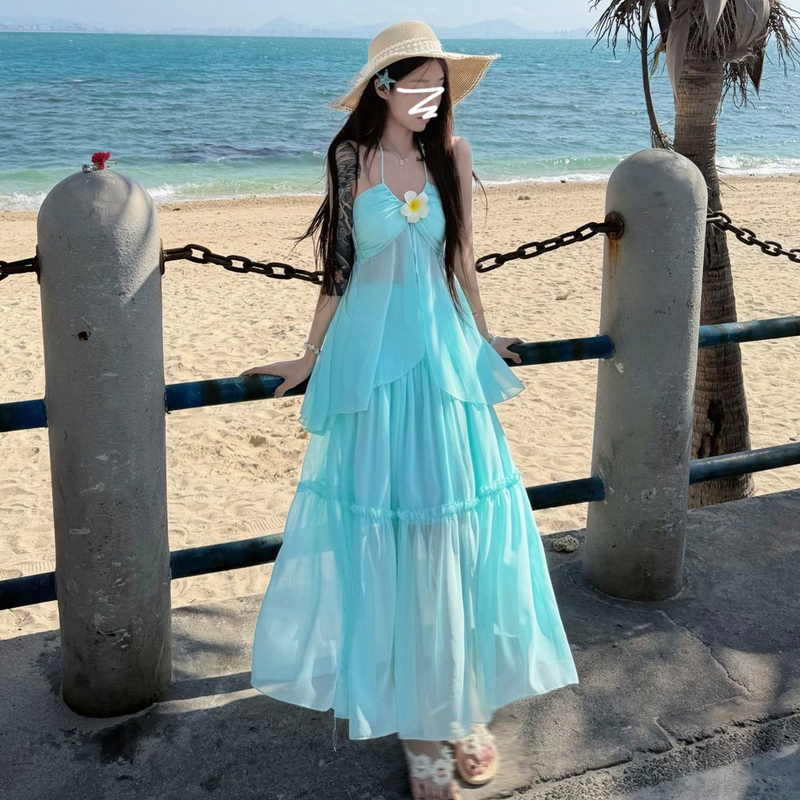 2026 New Style Slimming Blue Spaghetti Strap Dress Women's Summer Beach Vacation Outfit Long Dress
