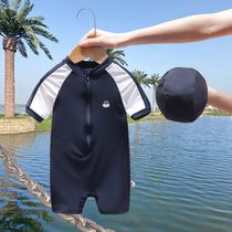 Balabala childrens swimsuit boys short-sleeved sunscreen quick-drying one-piece swimsuit hot spring hooded suit baby small