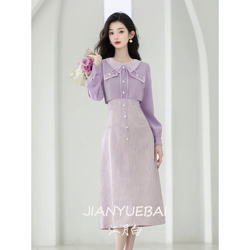 Jiangyuebai French-Style Chanel-Inspired Women's Spring and Autumn New Casual Purple Doll Collar Patchwork Faux Two-Piece Long Dress Jiangyuebai French-Style Chanel-Inspired Women's Spring and Autumn New Casual Purple Doll Collar Patchwork Faux Two-Piece Long Dress