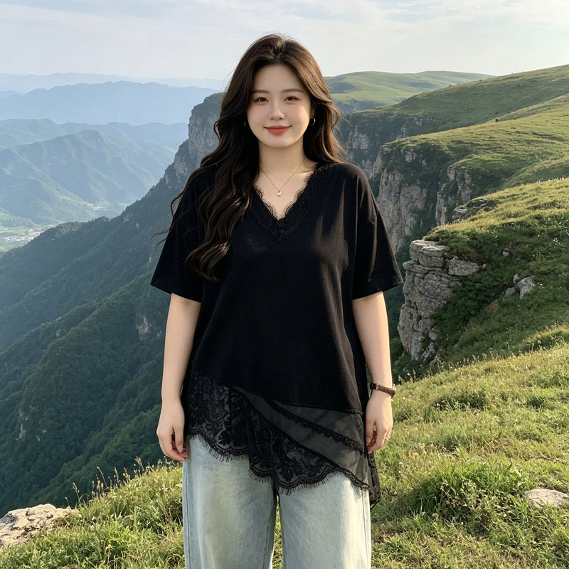 Extra Large Size 150kg Plus-Size Lace-Trimmed Black Short-Sleeve T-Shirt for Women, Summer 2026 New Style, Tummy-Covering Irregular Top Extra Large Size 150kg Plus-Size Lace-Trimmed Black Short-Sleeve T-Shirt for Women, Summer 2026 New Style, Tummy-Covering Irregular Top
