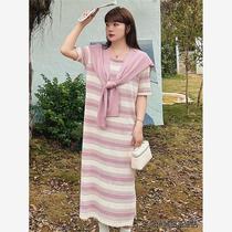 Plus size womens age-reducing college style shawl dress 2024 spring fat mm slimming striped knitted skirt women 22172