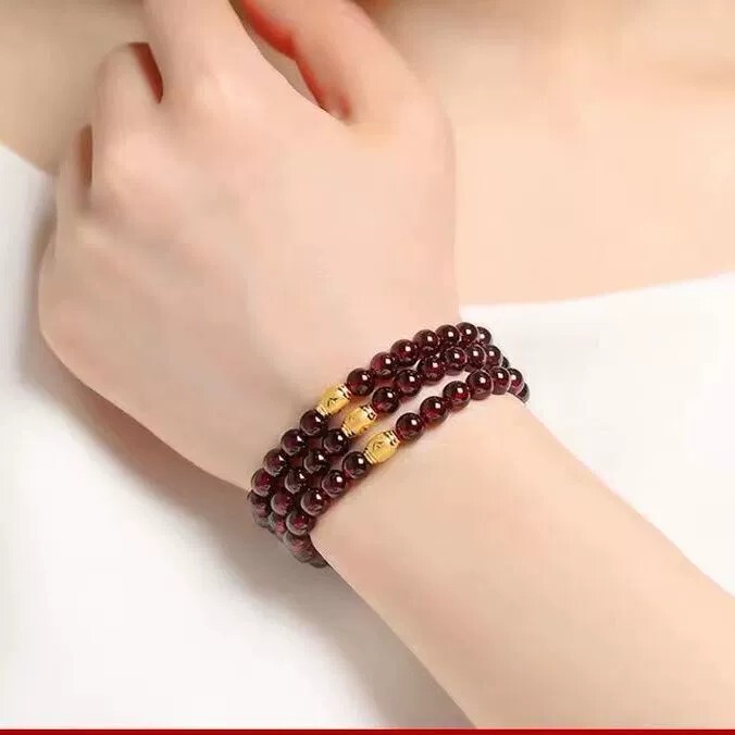 Red Garnet Bracelet for Attracting Wealth and Good Luck, Single or Multiple Circles, with Gold-Colored Fortune Beads, Gift