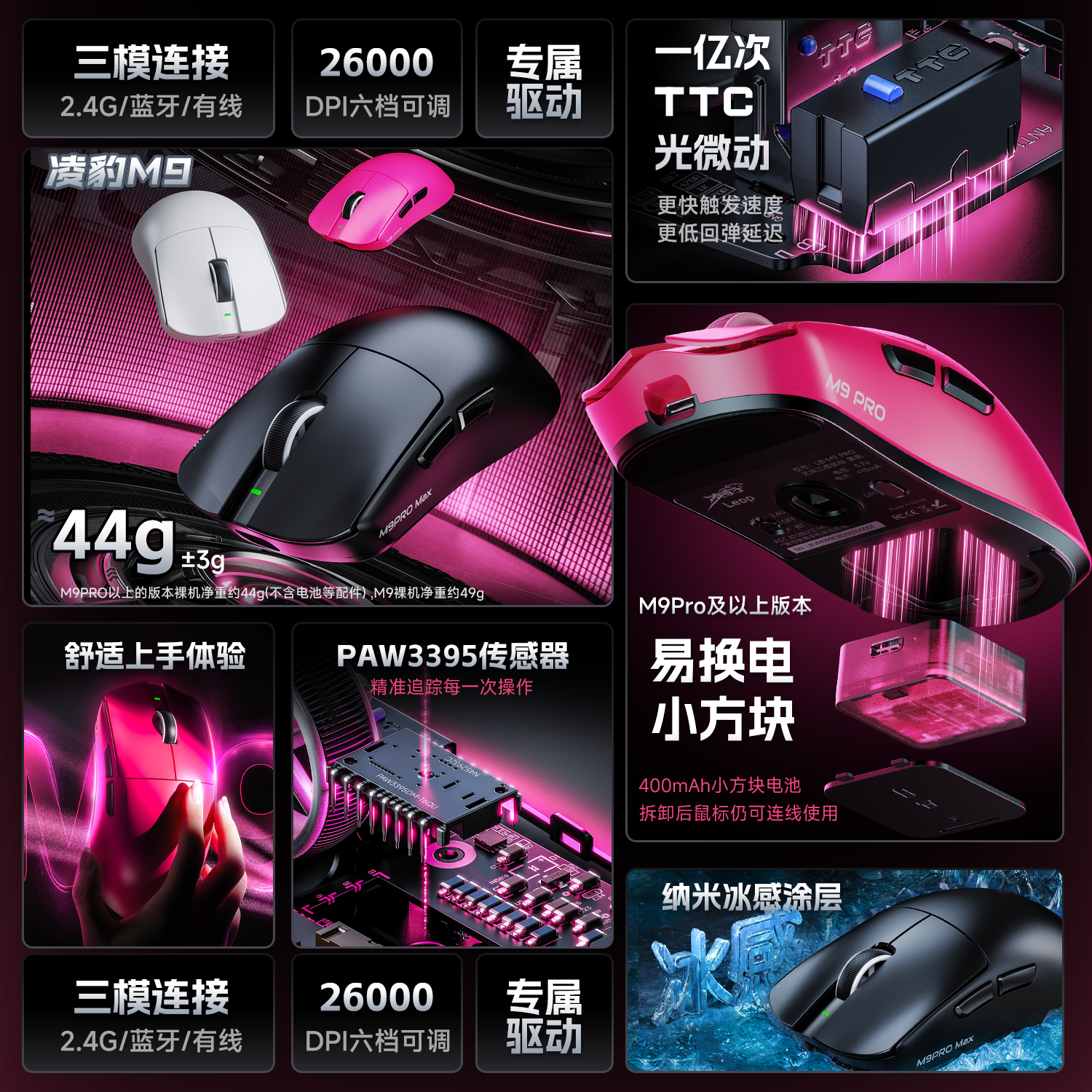 Lingbao M9Pro Wireless Bluetooth Three-Mode Mouse, Lightweight Paw3395 Dual 8K Gaming E-Sports Office Mouse, Rechargeable