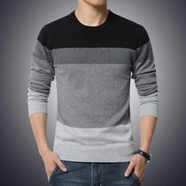 2024 Autumn Casual Mens Sweater O-Neck Striped Slim Fit Kni