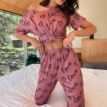 Ladies Pajamas Dark Pink Letter Printed Short Sleeved