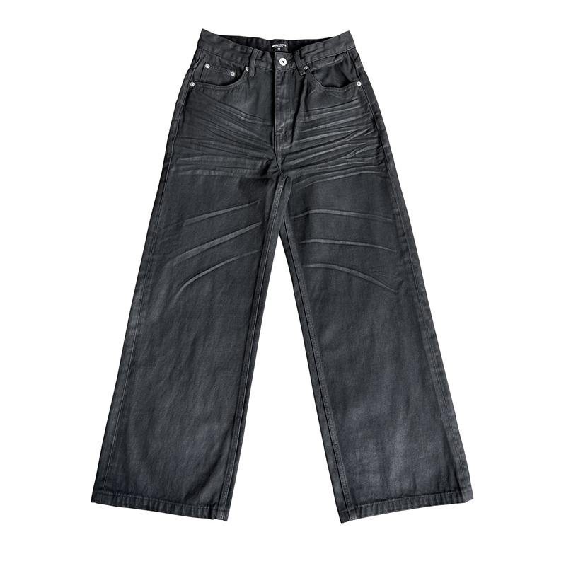 Morrisyee「Hand-Brushed Waxed Three-Dimensional Wrinkled Whiskers」13.5Oz Loose A-Line Straight Black Jeans for Men