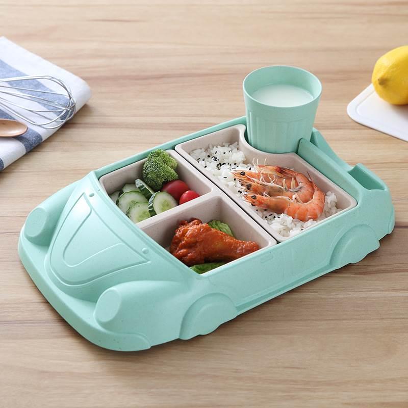 Bamboo Fiber Car Tableware, Creative Children's Restaurant Small Meal Set, Drop-Resistant and Durable, Divided Plate for Eating