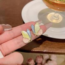 925 Silver Needle Oil Butterfly Earrings Female Mori Style Small Fresh Sweet Contrast Color Earrings New Elegant Temperament Earrings