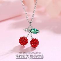 Korean version S925 sterling silver red diamond small cherry fruit pendant necklace womens clavicle chain necklace one piece drop shipping
