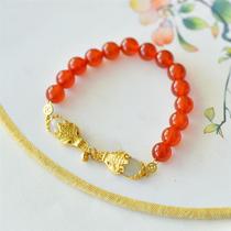 Chinese style 925 silver inlaid with red agate 8m beads with Hetian white jade Lucky Pixiu bracelet HTYH004