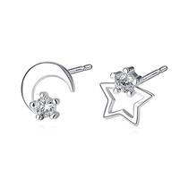 s999 sterling silver simple star moon earrings new zircon earrings creative Japanese and Korean style asymmetric earrings