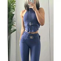 New style fitness top with motorcycle belt tight-fitting sports @ female breast pad cover yoga peach riding