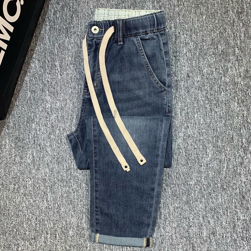 2026 Summer Men's High-End Elastic Waist Denim Pants with Slant Pockets, Stretchy Casual Super Soft Slightly Loose Cropped Pants