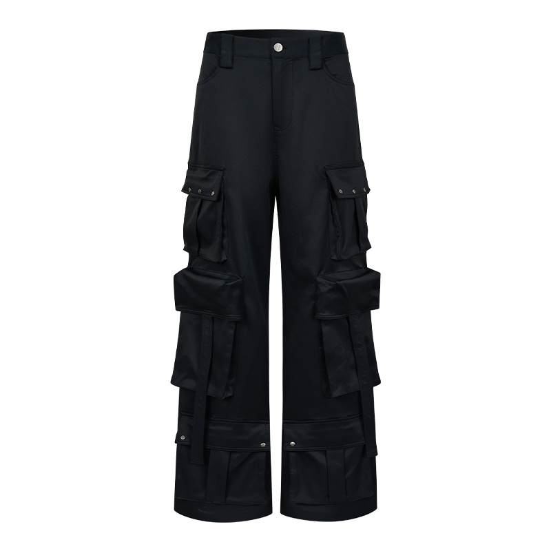 Sgw'Jedi Black Warrior' Multi-Pocket Ribbon Cargo Pants Black Loose Straight Silhouette Satin Trousers