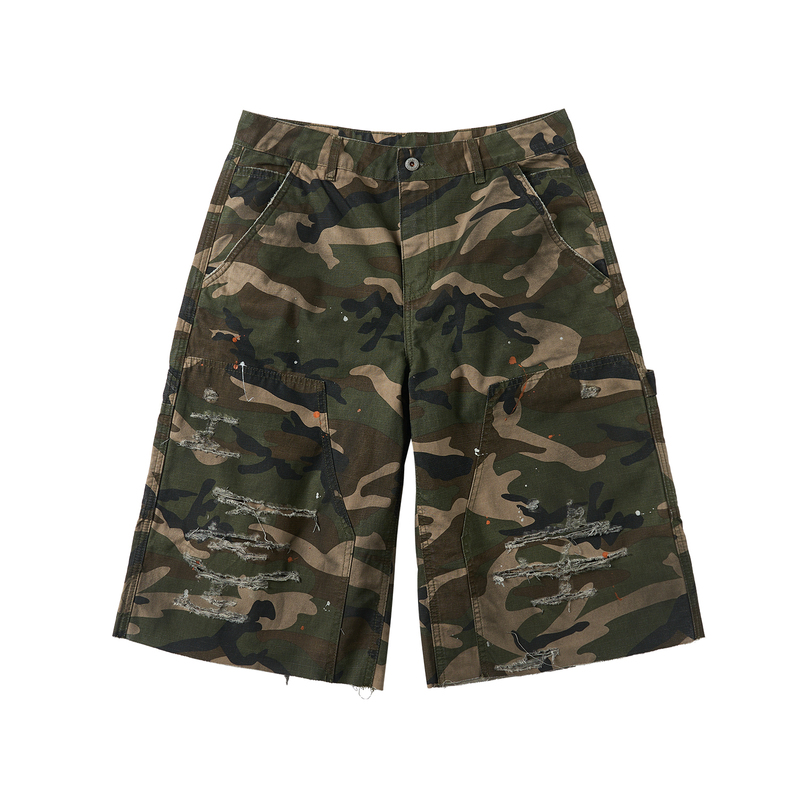 Saxgenwon'Jungle' Dirty Splatter Ink Street Camouflage Distressed Loose Baggy Cargo Shorts