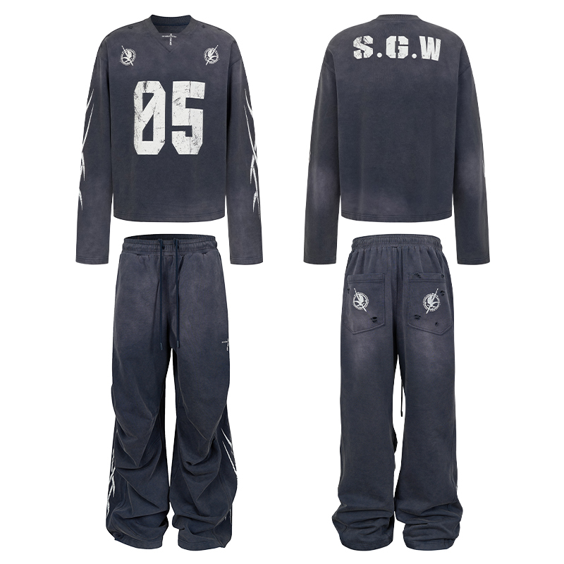 Sgw Washed Spray-Painted Distressed Short Wide Jacket Loose Long Pants Sweatpants 430g Autumn Sweatshirt Set Sgw Washed Spray-Painted Distressed Short Wide Jacket Loose Long Pants Sweatpants 430g Autumn Sweatshirt Set