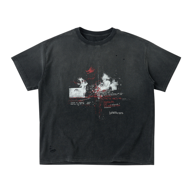 Saxgenwon'Demon's Whisper' Washed Natural Distressed Street Print Crew Neck Short Wide-Fit Short-Sleeve T-Shirt