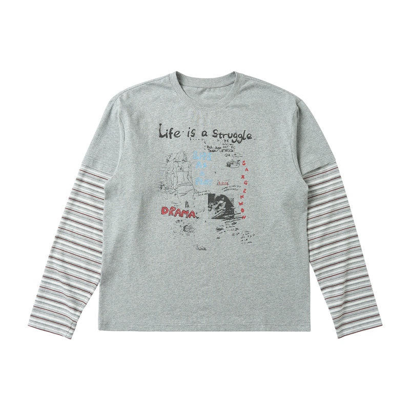 Saxgenwon'Life Drama' Graffiti Print Striped Crew Neck Short Wide-Fit Faux Two-Piece Long-Sleeve T-Shirt