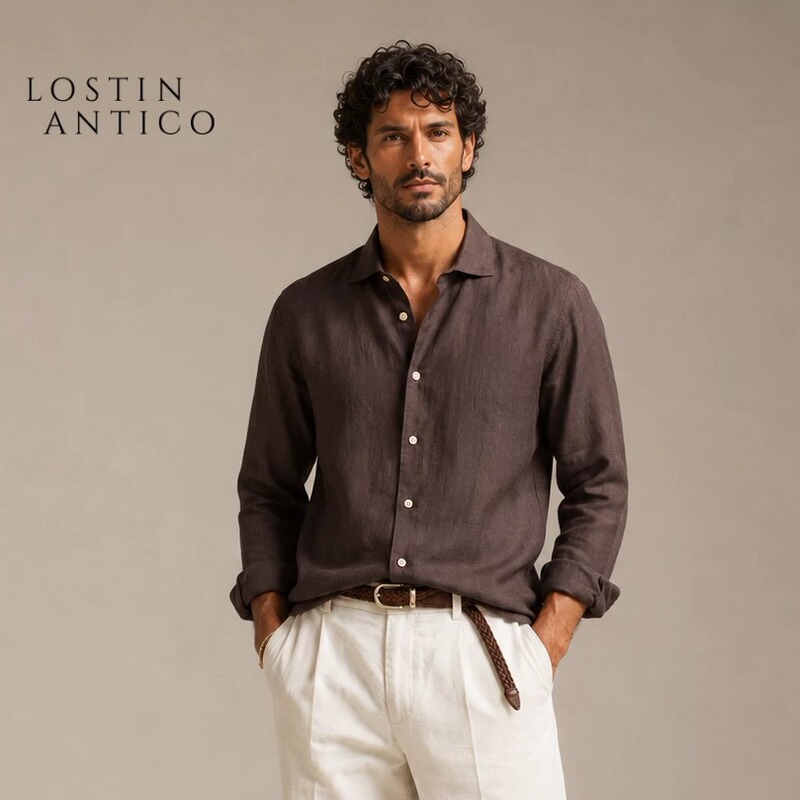 Lostinantico Italian-Style Deep Brown Linen Casual Business Shirt with a Figure-Eight Collar, Thin Long-Sleeve, Versatile