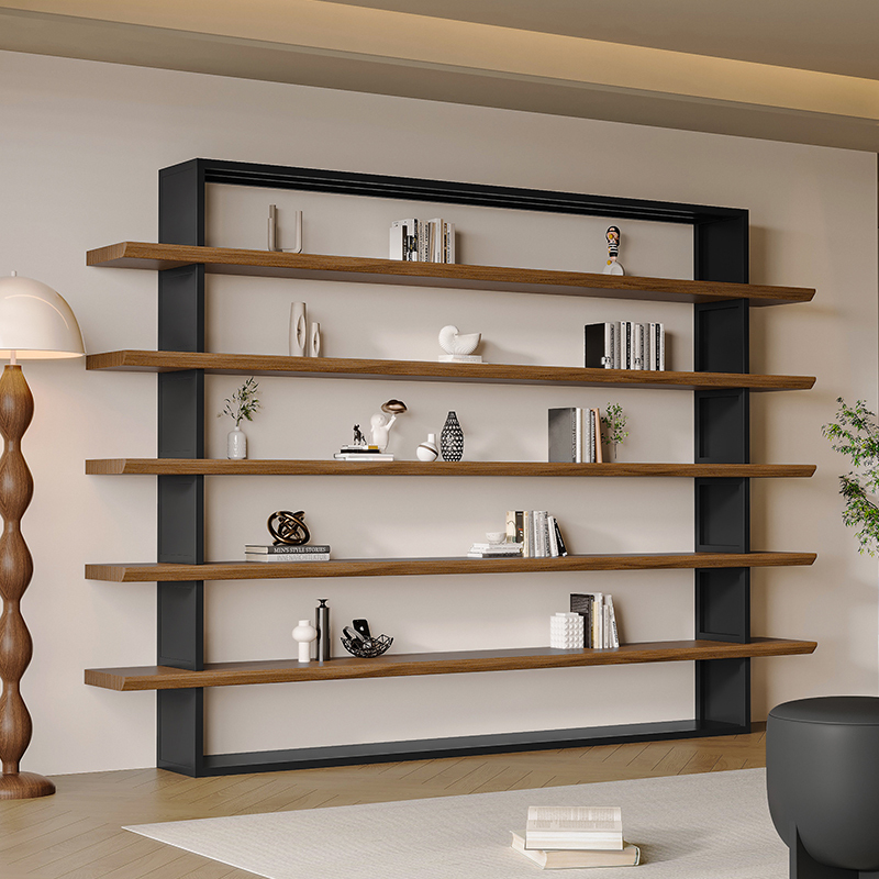 Nordic Solid Wood Bookshelf with Iron Art, Full Wall, Simple Industrial Retro Office Display Rack, Display Stand, Floor-Standing Storage Rack